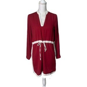 Tea And Cup Dress Size S Crimson White Drawstring Long Sleeve V-Neck a22